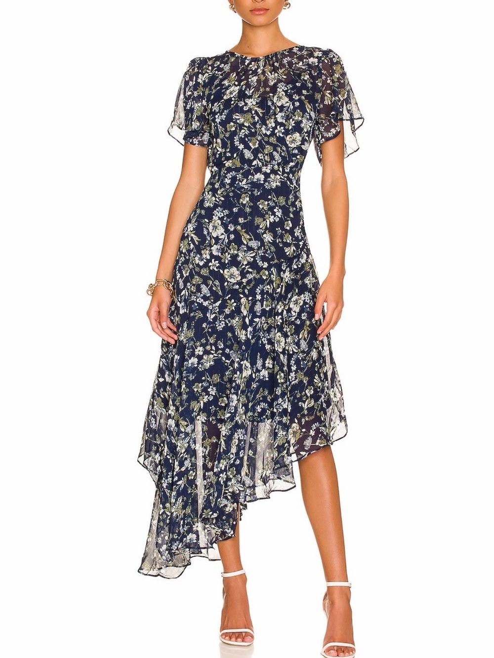 Astr Navy Floral Asymmetrical Midi Dress